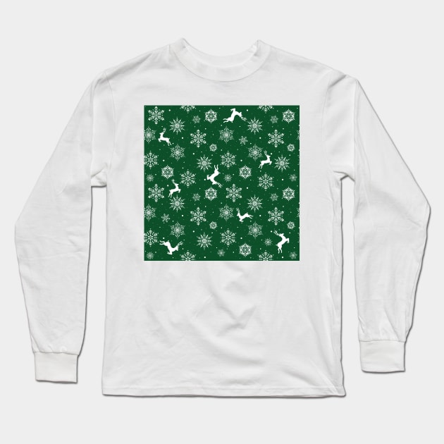 Christmas Reindeers Snowflakes Green Long Sleeve T-Shirt by SSSowers